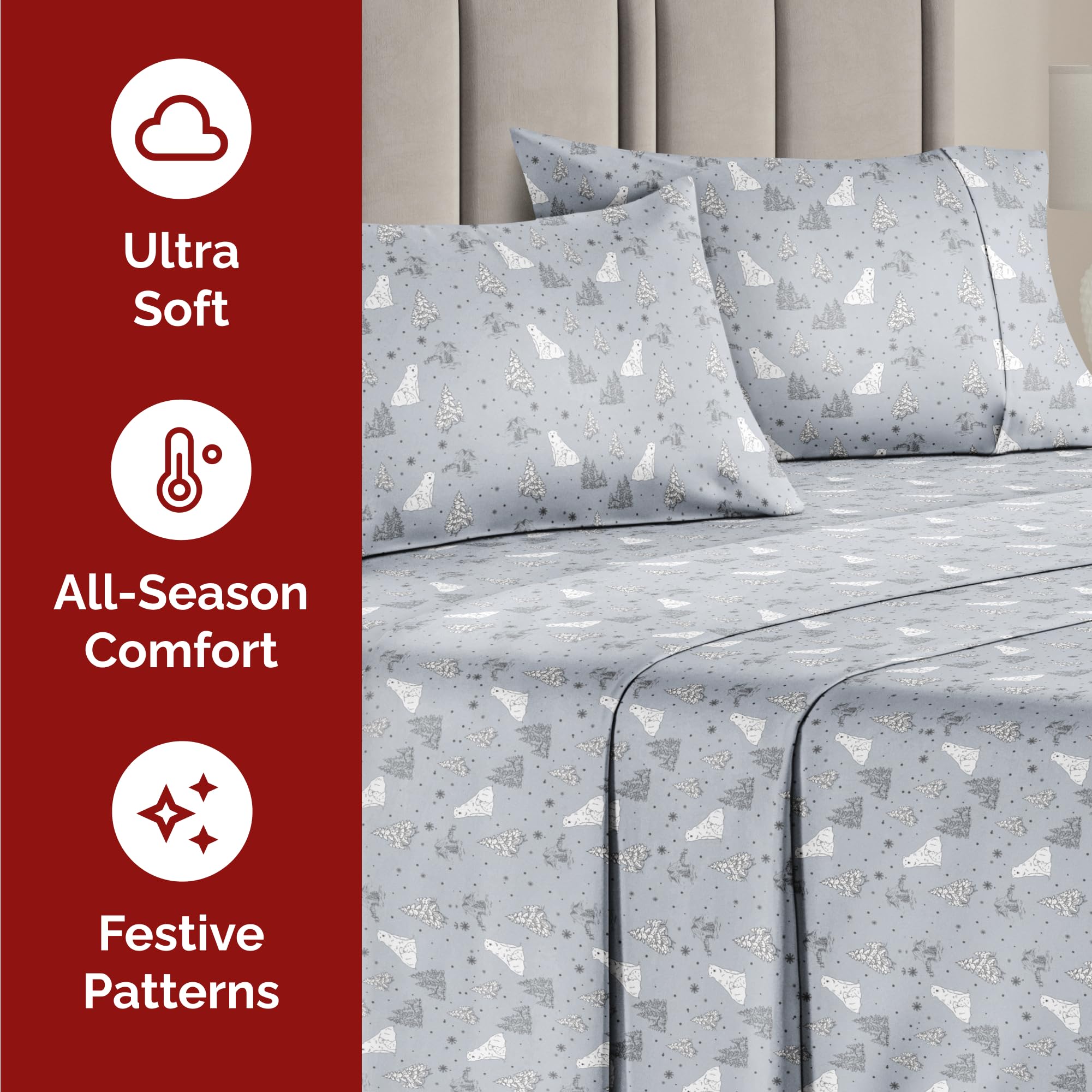 Queen Christmas Tree Sheet Set - Holiday Xmas Pattern Linen Set - Deep Pockets - Snug Fit - 4 Piece - Wrinkle Free - Comfy & Cooling Festive Winter Bedding - Easy To Care For - Kid Friendly