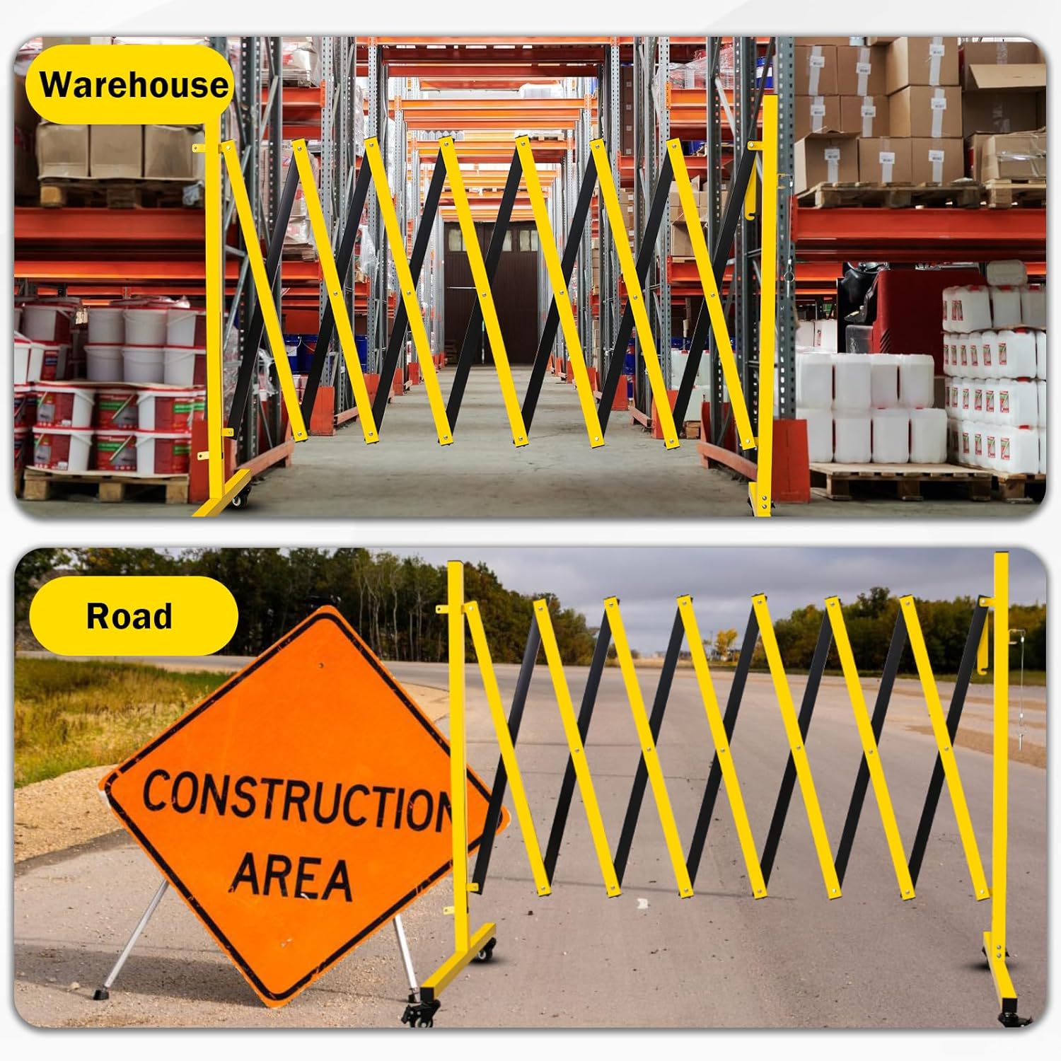 11 Traffic Barricade with Casters, Metal Expandable Barricade, Folding Security Gate, Retractable Fence Outdoor Barricade Fence for Construction Area, Traffic Control（2 Pack)