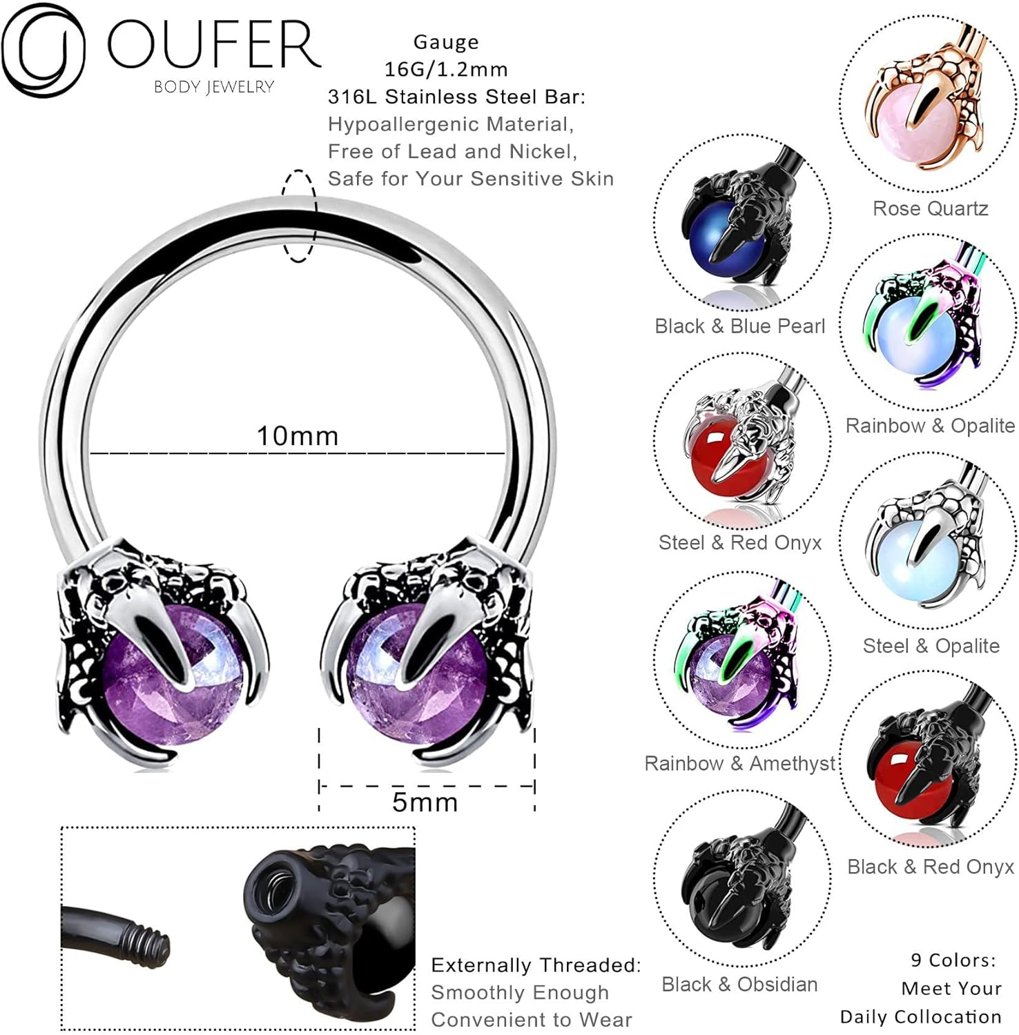 OUFER 316L Surgical Steel Circular Earrings Two White Opals Surrounded by Dragon Claws Cartilage Earing Ear Body Piercing Jewelry Helix Earrings Piercing…