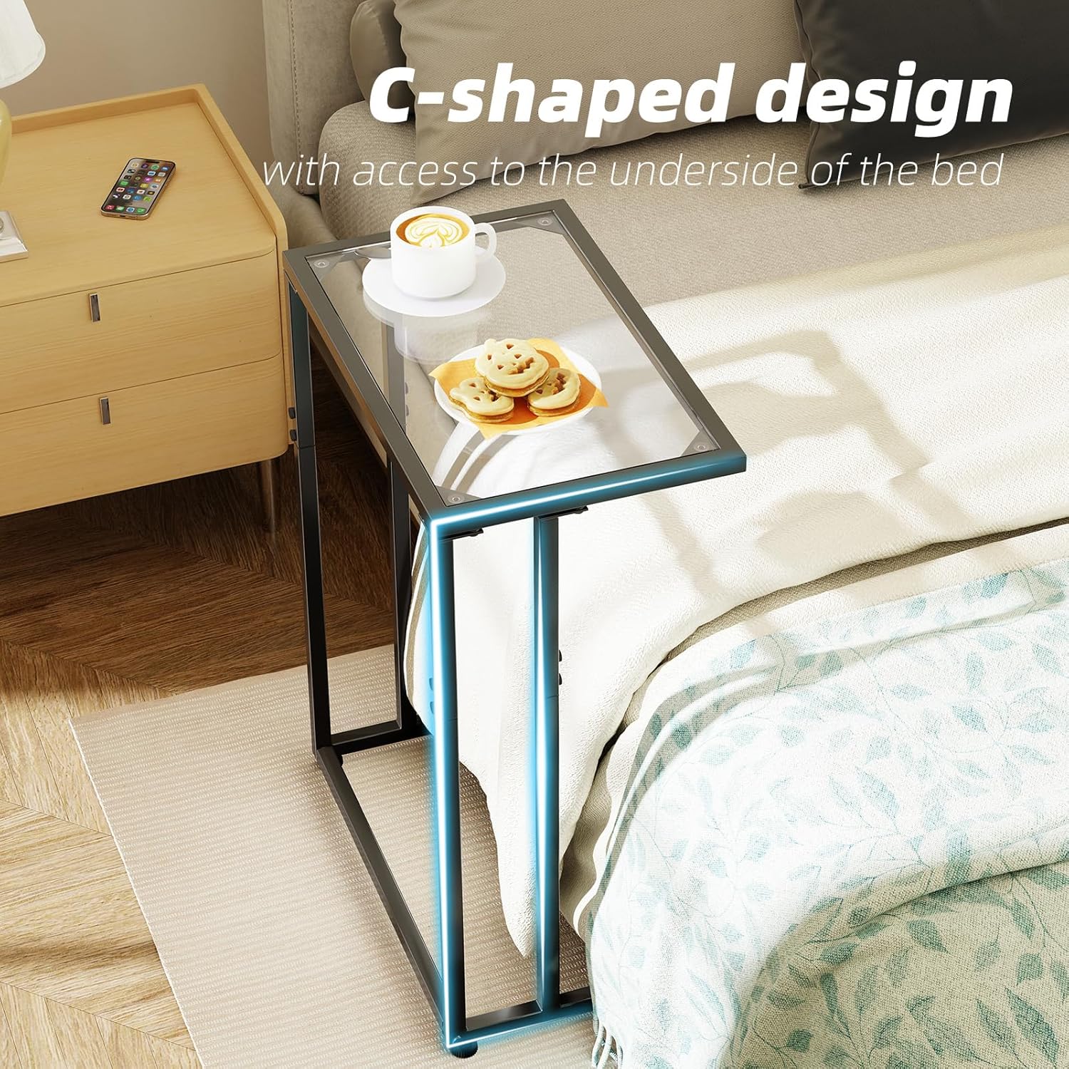 Simple Trending C Table Tempered Glass End Table, Couch Side Table, Snack Sidetable with Metal Frame, TV Tray Table for Small Space, Sofa Couch and Bed Side Table, Black