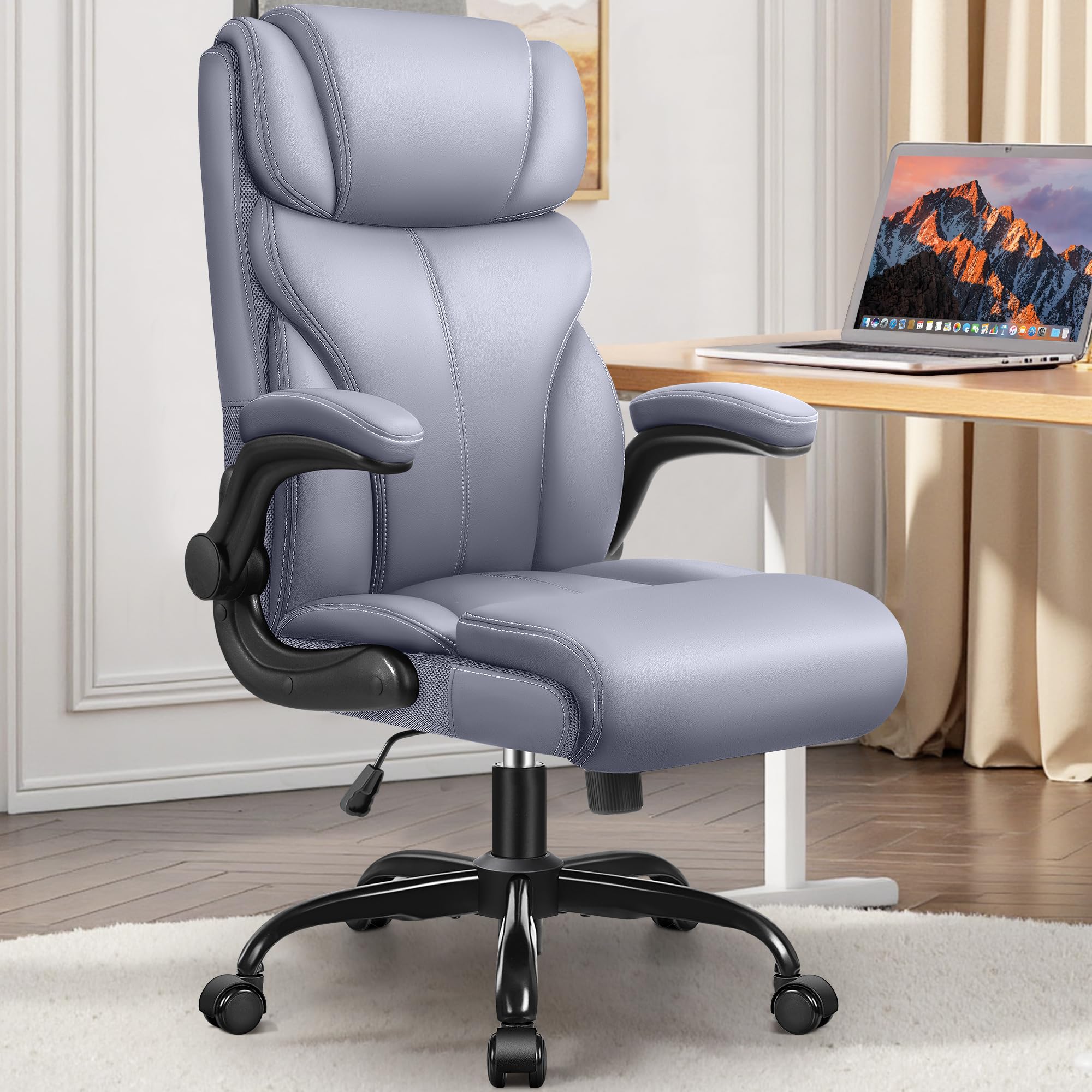 Office Chair, Ergonomic Big and Tall Computer Desk Chairs, Executive Breathable Leather Chair with Adjustable Flip-up Armrests, Lumbar Support Swivel PC Chair with Rocking Function