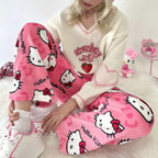 Kawaii Pajamas for Women Girls Cartoon Cat All Over Print Flannel Christmas Halloween Anime Soft Sleep Pajamas Pants,Style-2,M