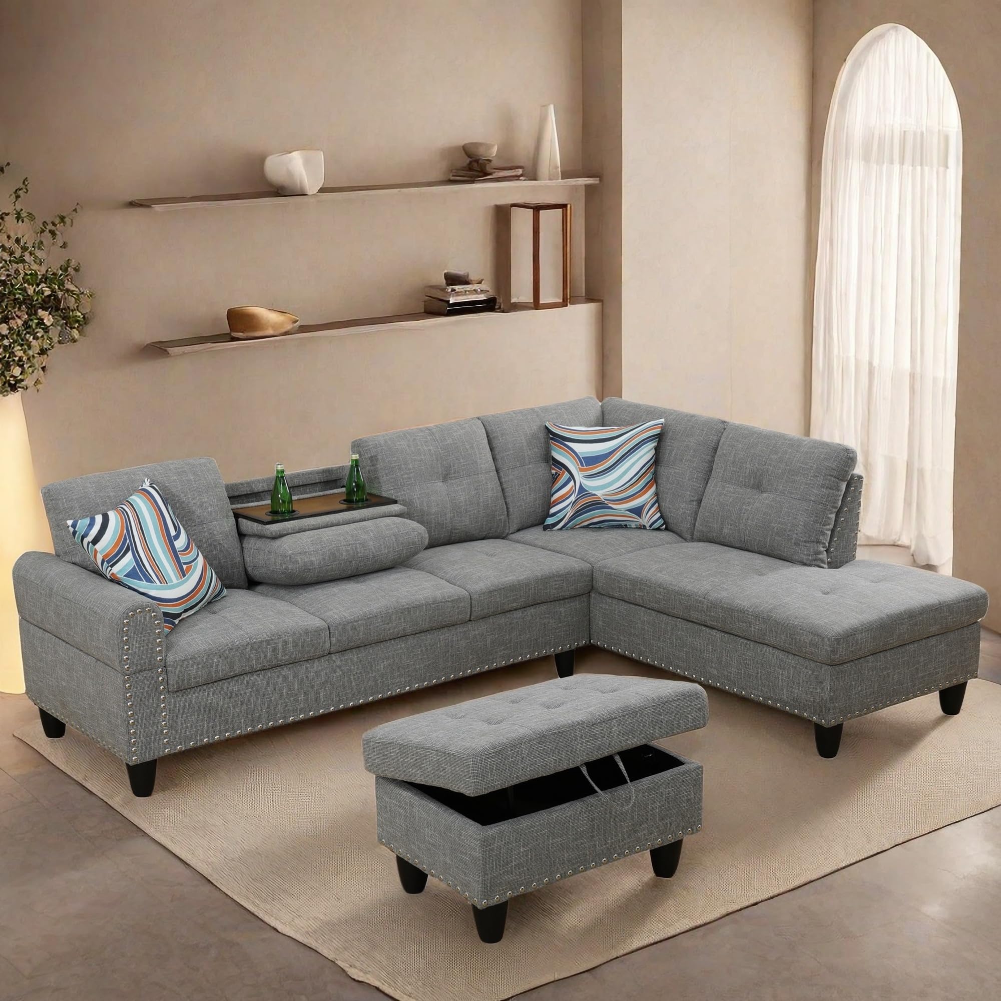 L Shaped Sectional Couches, Modular Sectional Sofa with Ottoman Storage, Nail-Head Design Lounge Sofa with Reversible Cup Holder for Living Room, Bedroom, Gray