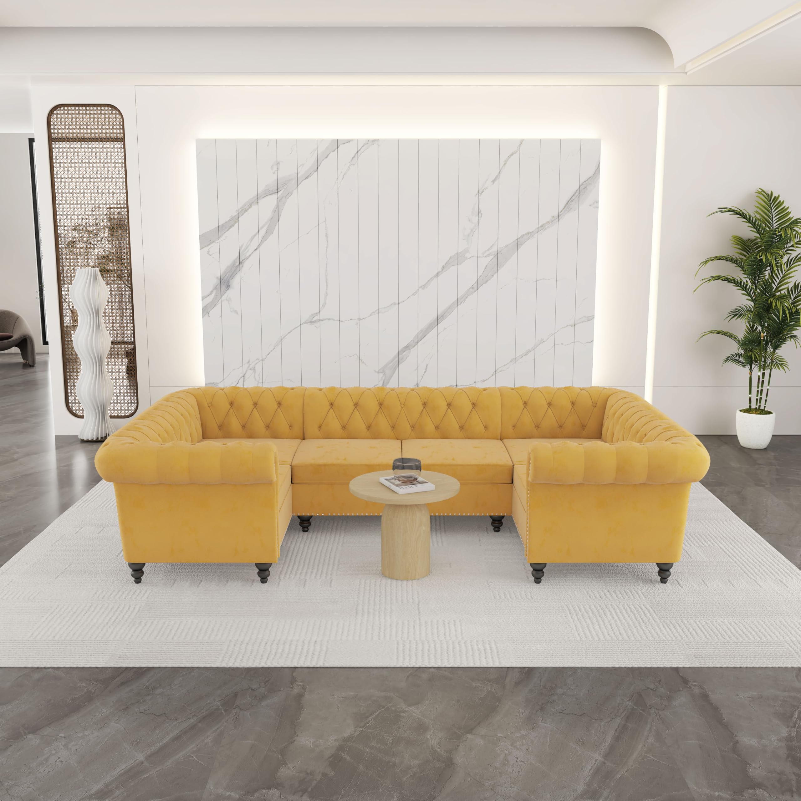 AVZEAR 3 Pieces Sectional U-Shaped Sofa, Leather Modular Sectional Couches Chesterfield Sofa Set, Modern Living Room Furniture Sets Upholstered Couch Set for Living Room, Office and Apartment, Black