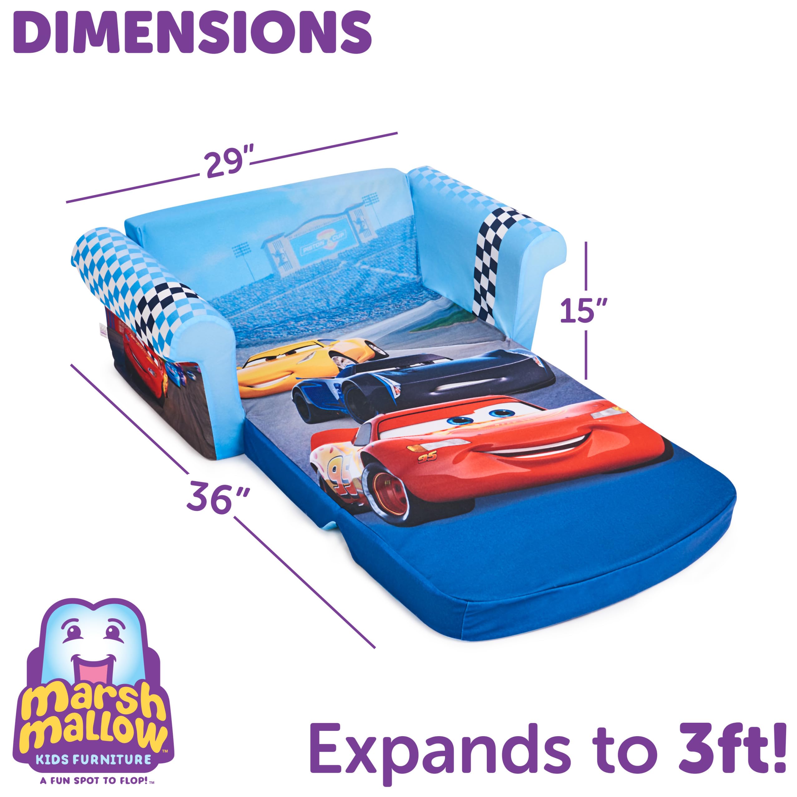 Meubles Marshmallow, canapé compressé en mousse 2-en-1 pour enfants à ouverture rabattable, Cars de Disney, multicolore