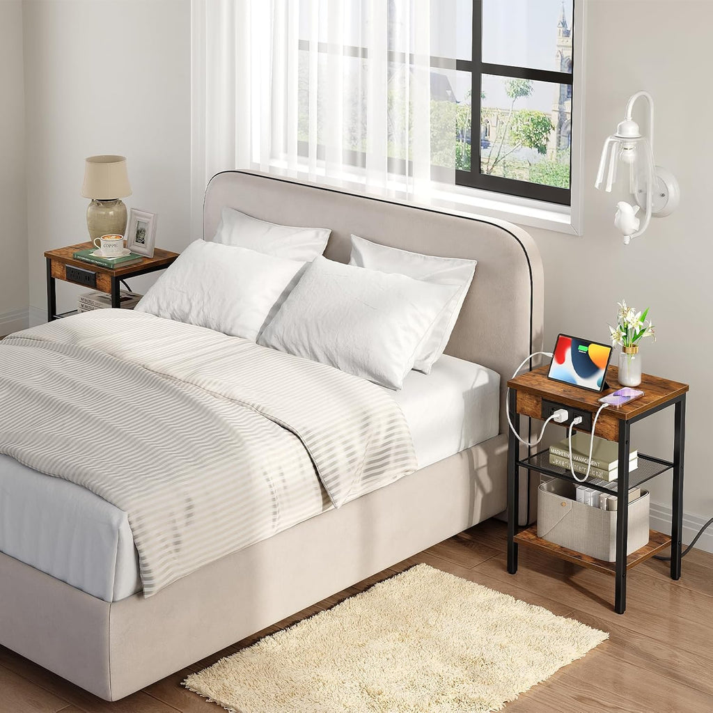 HOOBRO Side Table with Charging Station and USB Ports, Small End Table for Small Space, 3-Tier Nightstand with Adjustable Shelf, for Living Room, Bedroom and Balcony, Rustic Brown BF112BZ01