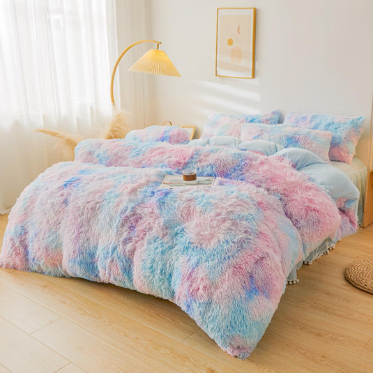 Fluffy Pink Faux Fur Comforter Cover Set，Fluffy Fuzzy Plush Pink Bedding 3Pcs (1 Faux Fur Duvet Cover +2 Fuzzy Pillowcases) Pink Fluffy Bed Set (Pink, Queen)