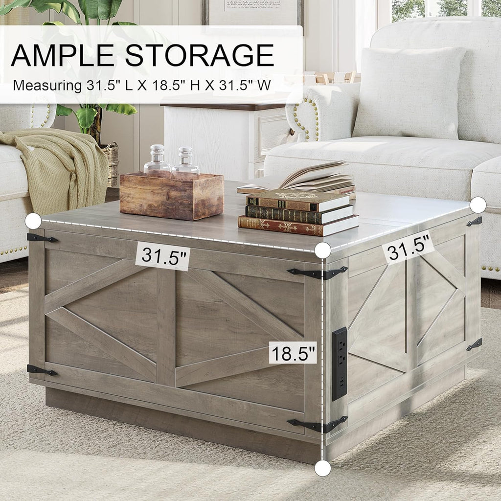 Rustic Grey Farmhouse Lift-Top Coffee Table: Square Wood Center Table with Hidden Storage Compartment, Floating LED Lights & USB-C Charging Station - Living Room Furniture