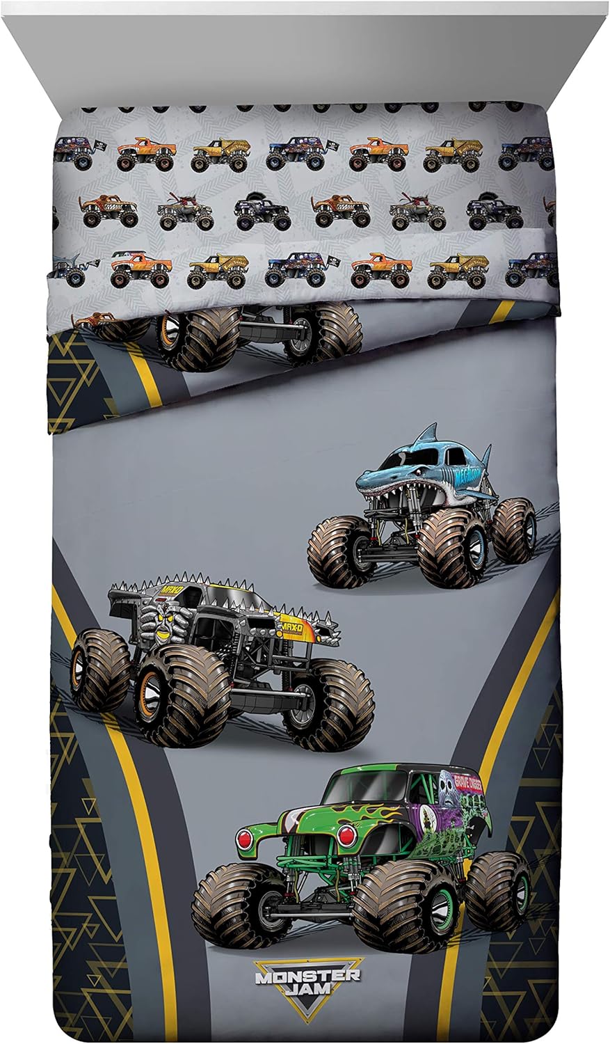Jay franco Monster Jam MJ Life 4 Piece Twin Bed Set-Includes Reversible Comforter&Sheet Set-Bedding Features Grave Digger, Max-D, Megalodon-Super Soft Microfiber-(Official Monster Jam Product)