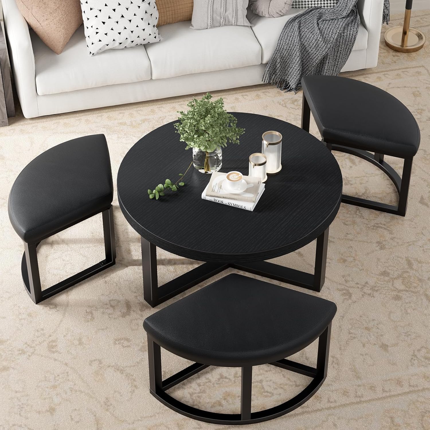 Round Coffee Table with Stools Underneath - 30 Inch Small Modern Tables Set with 3 Chairs Ottomans Seating Seats Black Wood