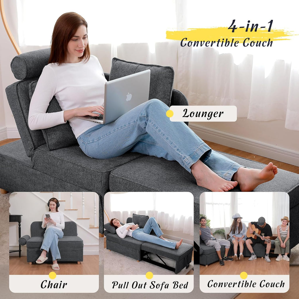 Sleeper Sofa Bed 4-in-1 Convertible Couch, Linen Fabric Love seat Couch with 2 Throw Pillow, Single Recliner for Small Space with 5 Adjustable Angles Backrest