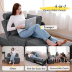 Sleeper Sofa Bed 4-in-1 Convertible Couch, Linen Fabric Love seat Couch with 2 Throw Pillow, Single Recliner for Small Space with 5 Adjustable Angles Backrest