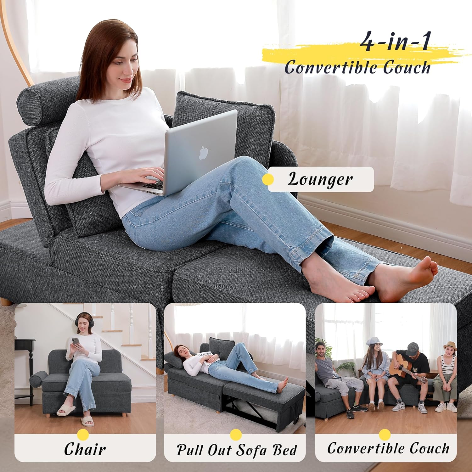 Sleeper Sofa Bed 4-in-1 Convertible Couch, Linen Fabric Love seat Couch with 2 Throw Pillow, Single Recliner for Small Space with 5 Adjustable Angles Backrest