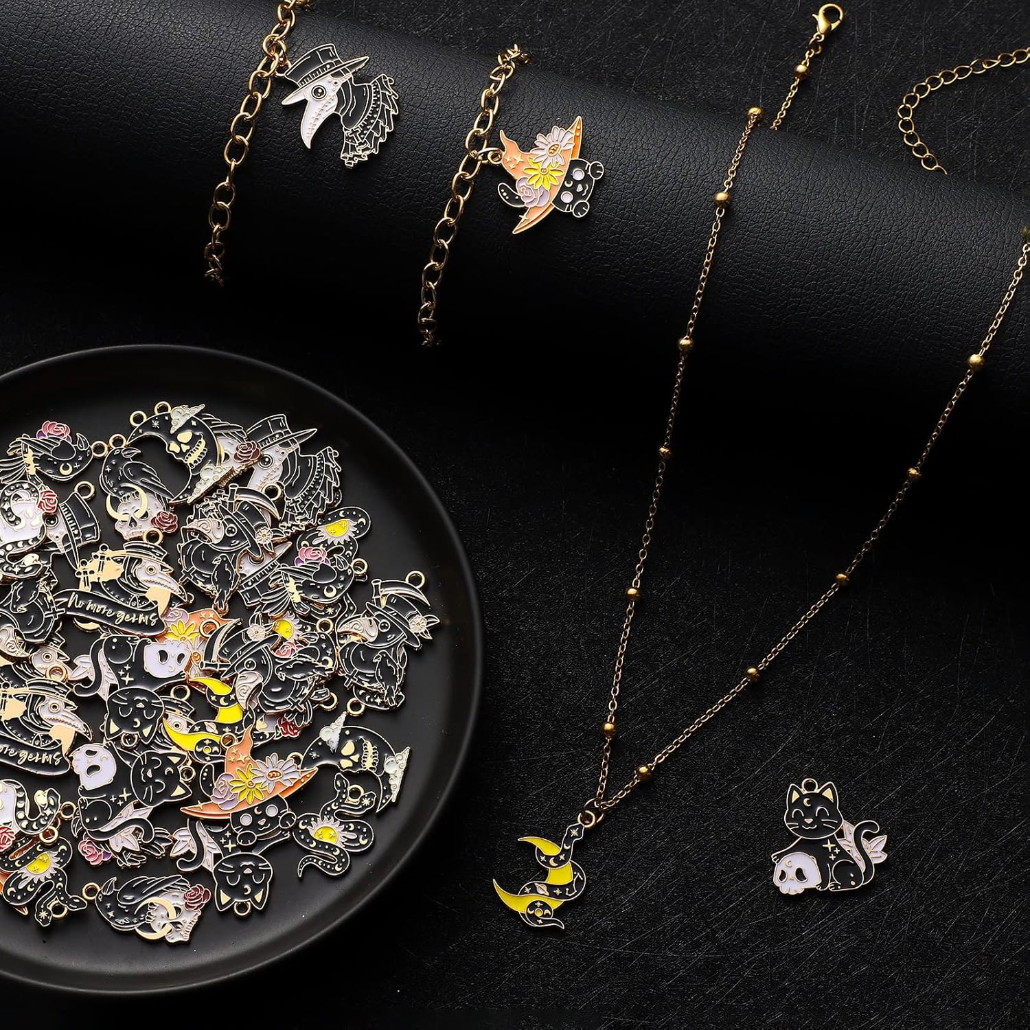 Sasylvia 48 Pcs Halloween Charms for Jewelry Making Black Gothic Charms Include 12 Style Crow Skull Snake Cat Moon for Halloween Party Decoration Gifts DIY Art Craft