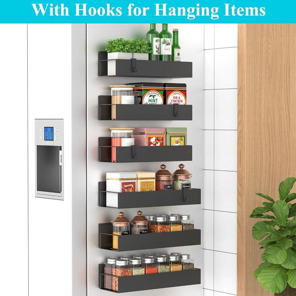 6 Pack Magnetic Spice Storage Rack Organizer for Refrigerator and Oven, Black Fridge Organizers and Storage