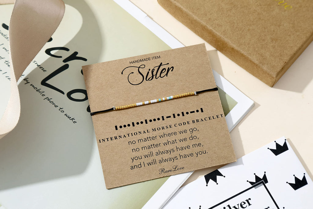 RareLove Søster Morsekode Perlearmbånd Søster Fødselsdagsgaver fra Søster Langdistance Venskab Julegaver Vandtæt Guld Blå Hvid Lille Pony Frøperler Sort Snor