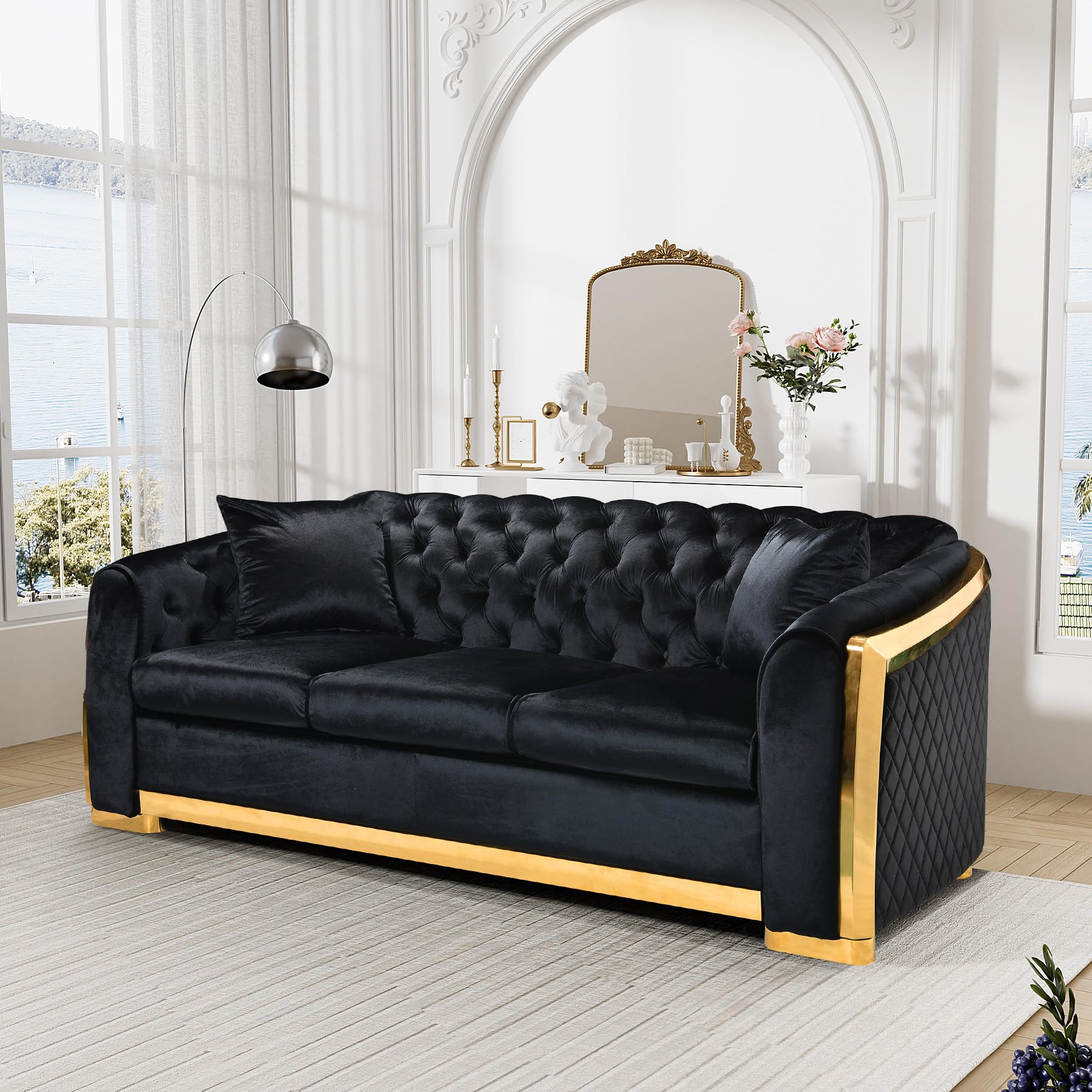 Mid Century Modern Chesterfield Sofa Couch, 81" Velvet Couch White and Gold Sofa Luxury Curved Loveseat for Living Room, 3 Seat Tufted Sofas with 2 Pillows & Classic Gold Legs, Beige White