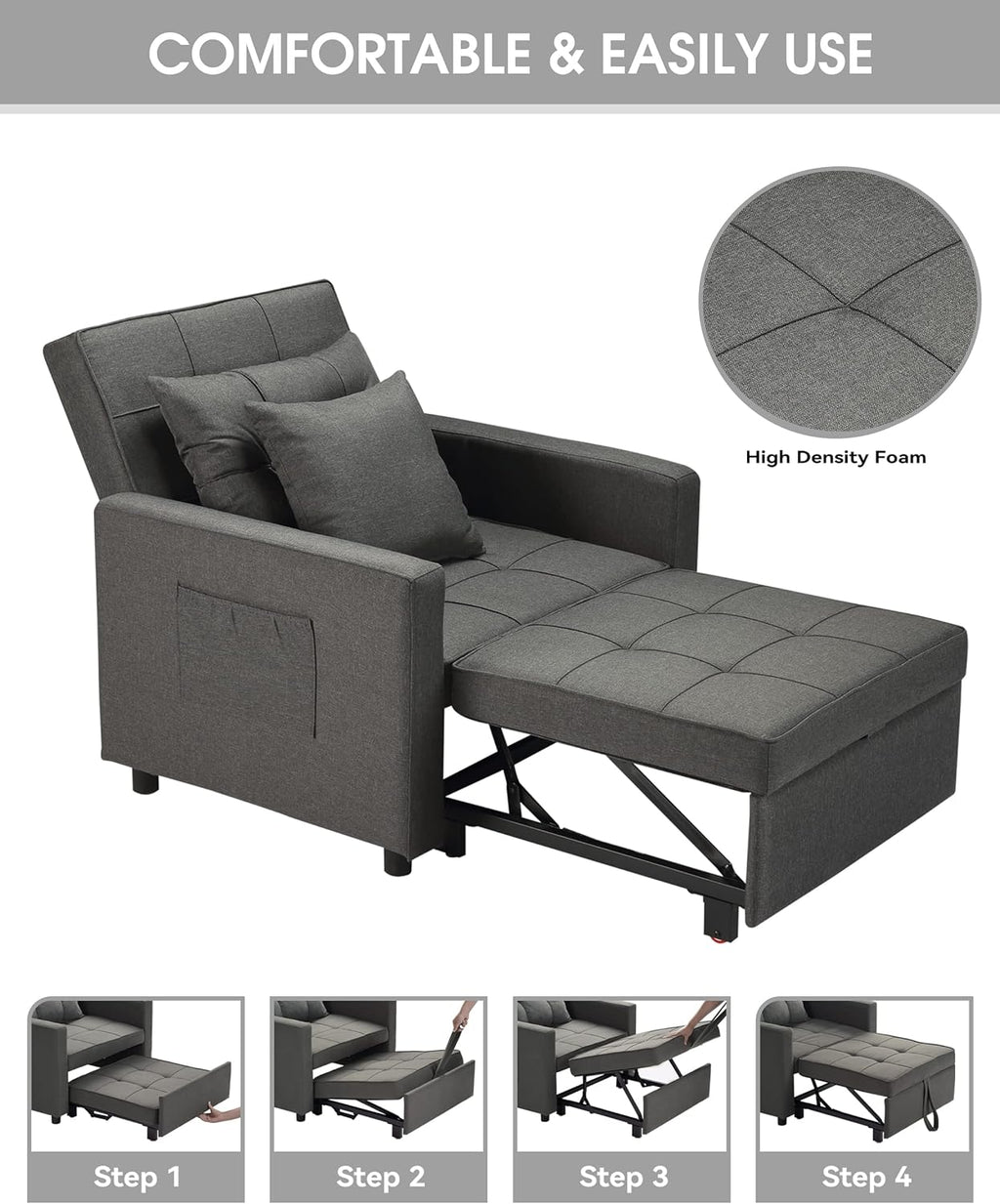 XSPRACER [Updated Convertible Chair Bed, Sleeper Sofa 3 in 1, Stepless Adjustable Backrest,Armchair, Sofa, Bed, Linen, Dark Gray, Single One