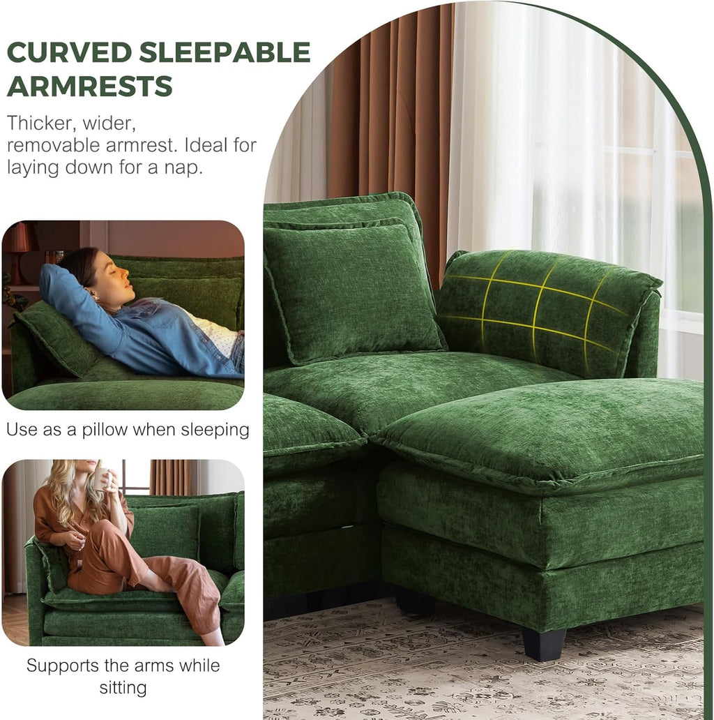ELUCHANG 113" Modular Sectional Sofa, Comfy Cloud Couch, L Shaped Deep Seat Sofa Couches for Living Room, 4-Seater Modern Sofa with Movable Ottoman, DIY Combination - Chenille Green
