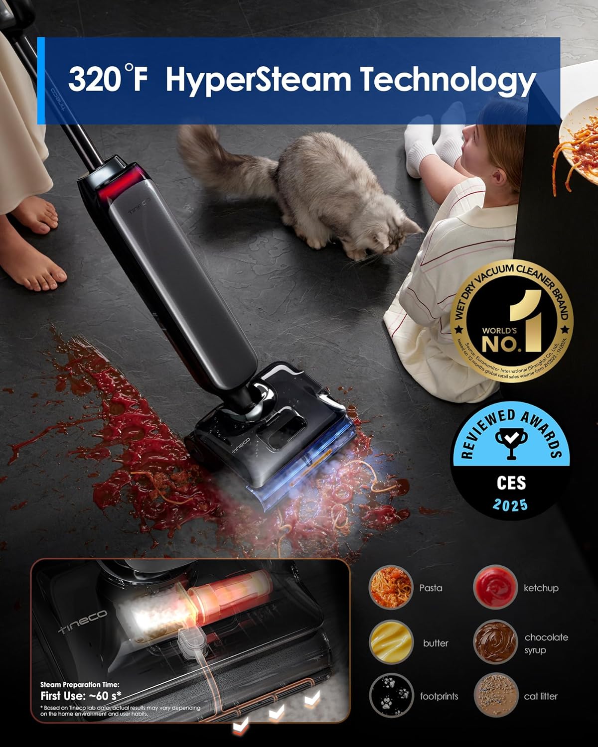 Tineco Floor One S9 Artist Steam Wet Dry Vacuum Cleaner, High-temp Steam Cleaning, 22kPa Suction, 360° SmoothDrive, Anti-Tangle Design, 185°F Flashdry, Long Runtime, 180° Lay-Flat