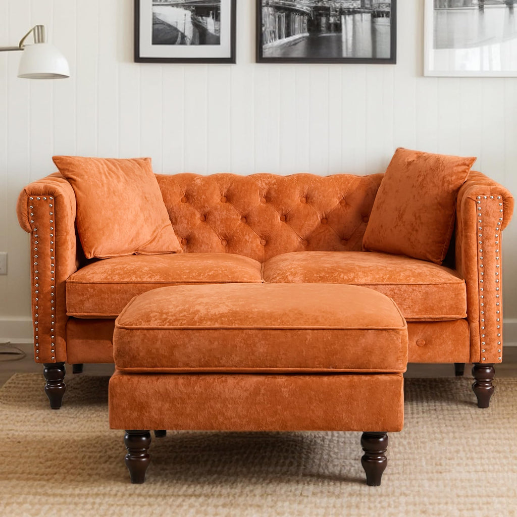 Mid-Century Modern Chesterfield Sofa with Ottoman, Linen Loveseat Classical Retro 2 Seater Couch Tufted Deep Seat Sofa Pet Friendly Sofa Victorian Couch for Living Room (Grey)