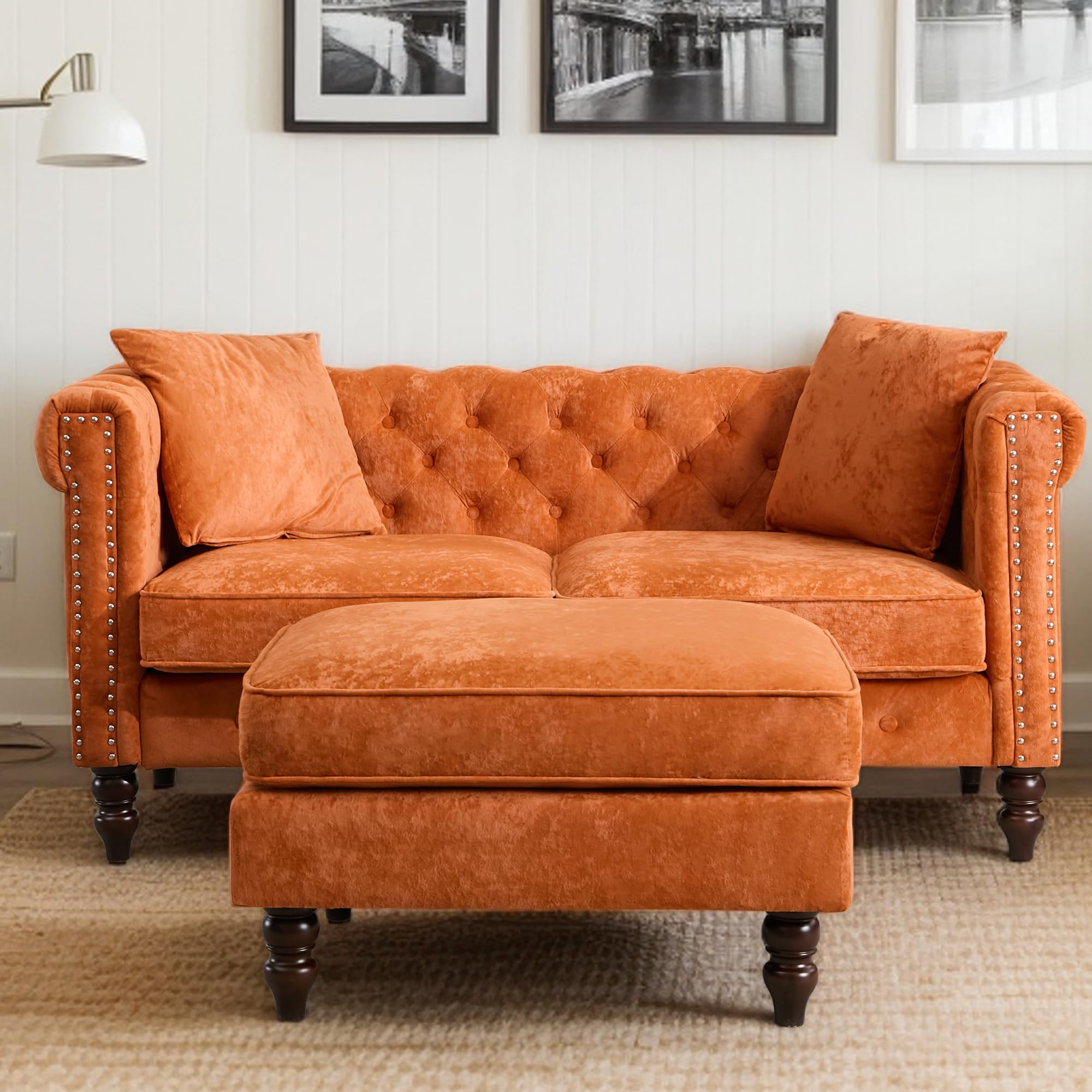 Mid-Century Modern Chesterfield Sofa with Ottoman, Linen Loveseat Classical Retro 2 Seater Couch Tufted Deep Seat Sofa Pet Friendly Sofa Victorian Couch for Living Room (Grey)