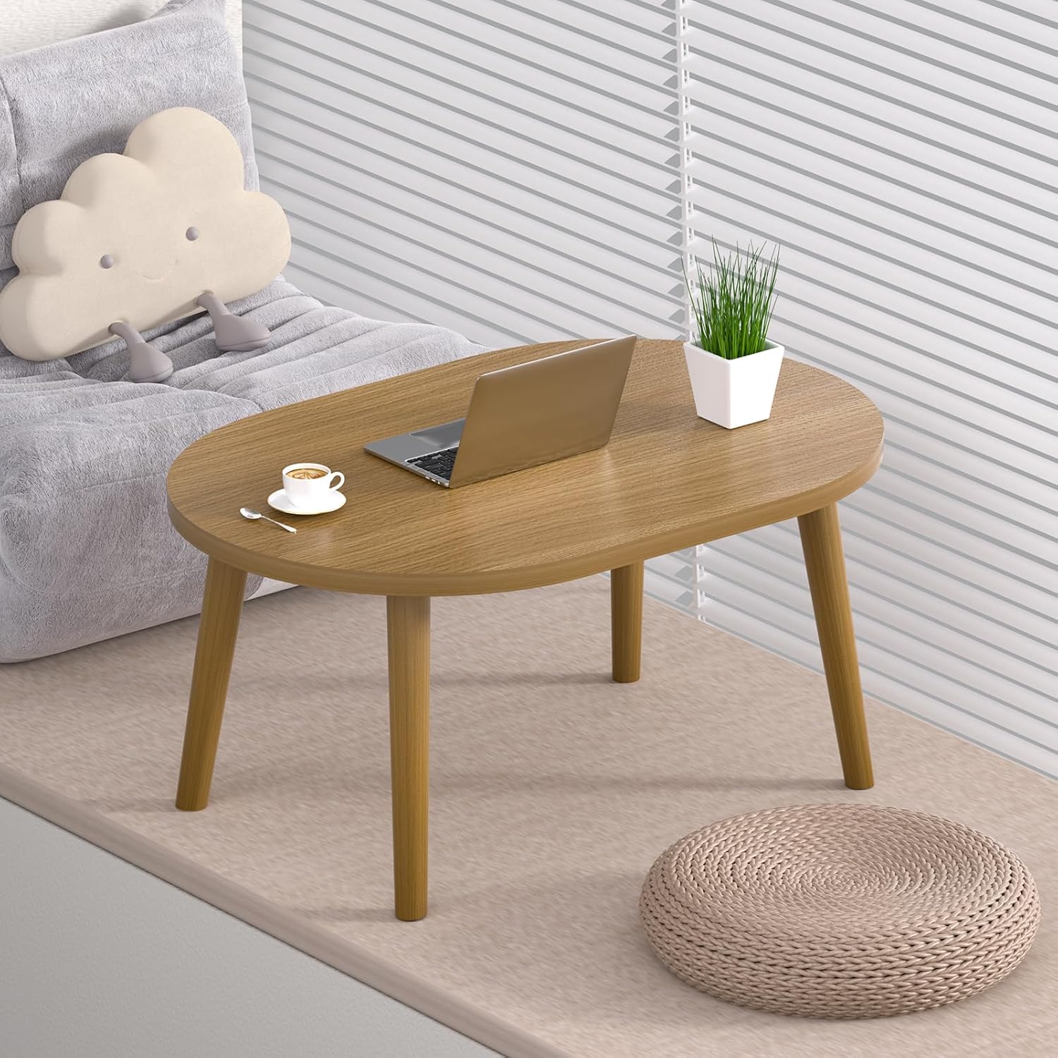 Small Coffee Table for Small Space, Low Table, Floor Table Desk for Sitting on The Floor, Japanese Coffee Table for Living Room, Tatami Tea Tables with Solid Wood Legs, Oval Coffee Tables, Brown