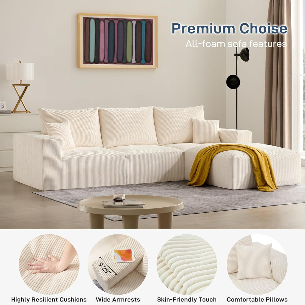 Sectional Cloud Boneless Sofa Couches for Living Room-113'' Beige 3 Seater U-Shaped Modern Lounge Couch-No Assembly Modular Corduroy Convertible Sponge Sleeper Sofas with Chaise for Home House