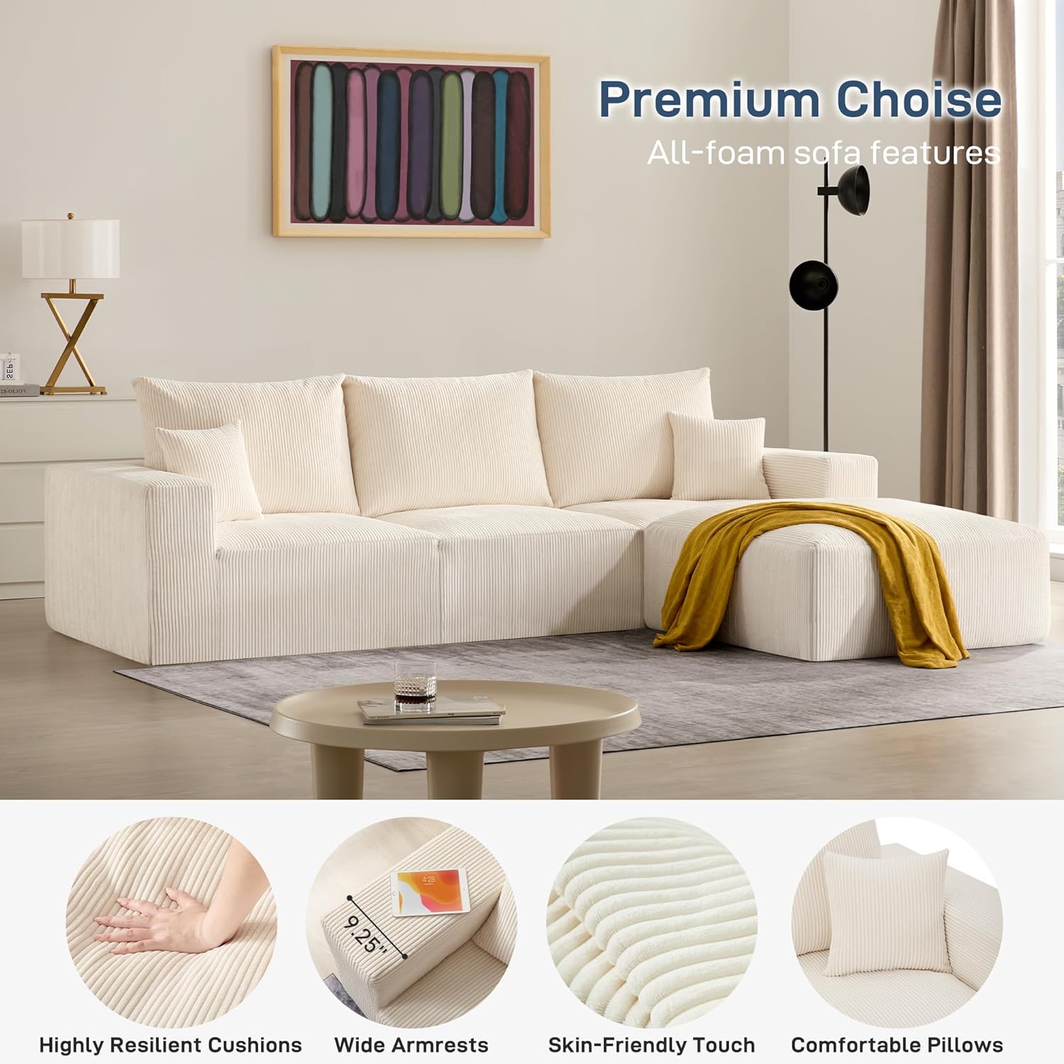 Sectional Cloud Boneless Sofa Couches for Living Room-113'' Beige 3 Seater U-Shaped Modern Lounge Couch-No Assembly Modular Corduroy Convertible Sponge Sleeper Sofas with Chaise for Home House