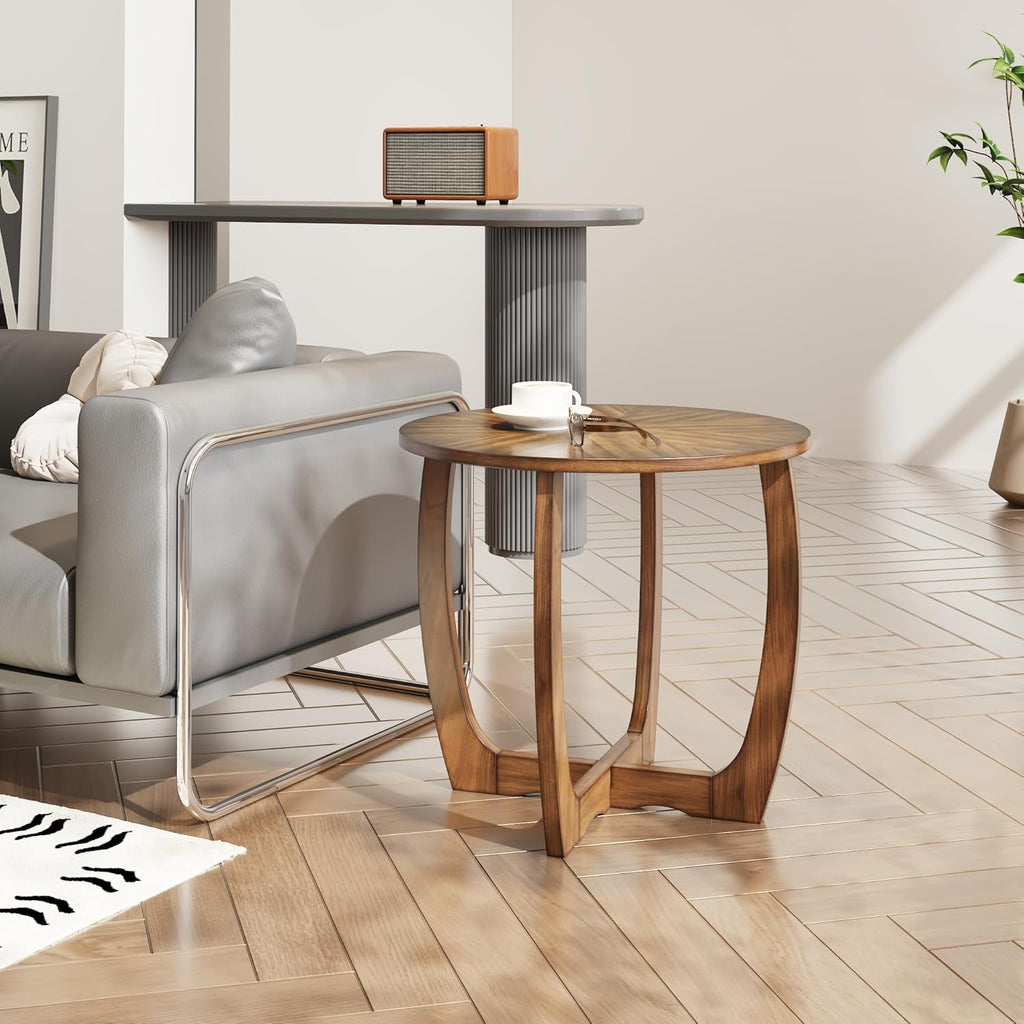 Solid Wood Round End Table with Splicing Top, Farmhouse Sofa Side Table, Beside Corner Table, Large Telephone Table for Living Room, Bedroom, 23.6" Dia x 21.7"H , Easy Assembly, Rustic Brown CJZ3223