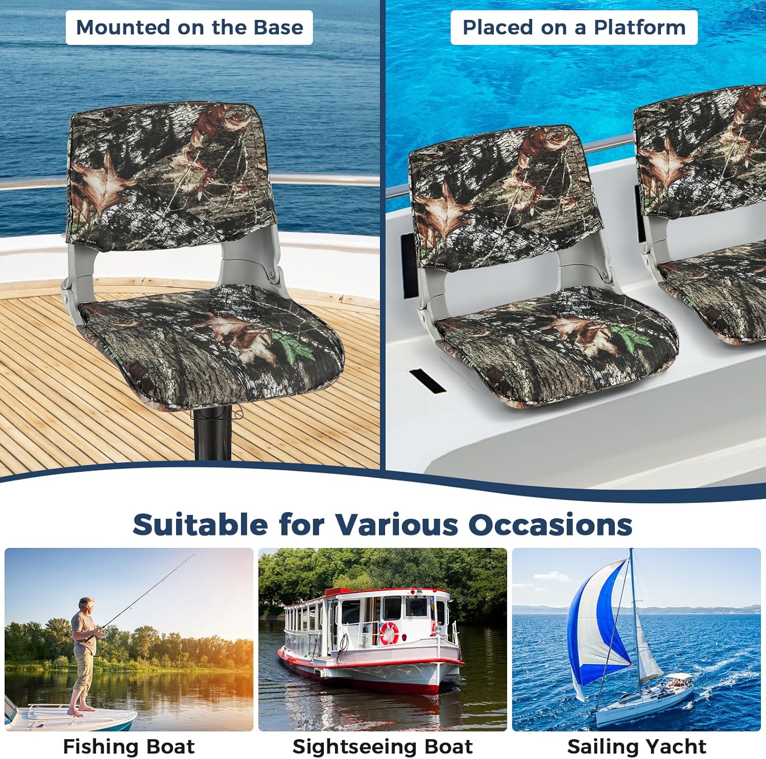 Goplus Low/High Back Boat Seats, Folding Boat Seat with Stainless Steel Screws & Aluminum Hinges, Thickened Sponge Padding, Waterproof Fishing Captain Boat Seats (2 Packs-Camo & Gray)