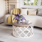 karlott Farmhouse Coffee Table, French Country Round Coffee Table, Distressed Wood Top with Curved Motif Frame Base for Boho, Living Room