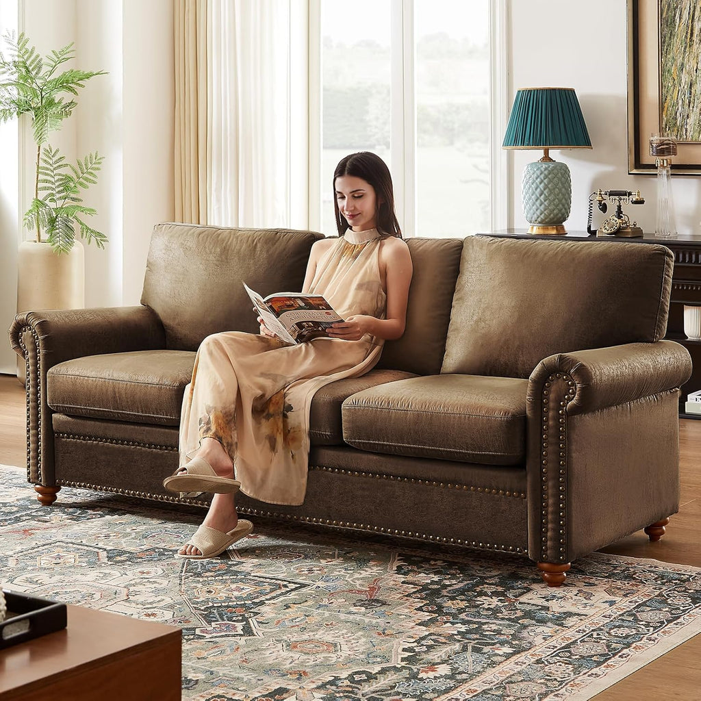 Faux Leather Sofa, 84" Rolled Arms Couch with Nailhead Trim, 3 Seater Deep Seat Sofa with Spring Cushion, Solid Wooden Bun Legs, Mid-Century Vintage Couch for Living Room, Farmhouse, Brown