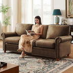 Faux Leather Sofa, 84" Rolled Arms Couch with Nailhead Trim, 3 Seater Deep Seat Sofa with Spring Cushion, Solid Wooden Bun Legs, Mid-Century Vintage Couch for Living Room, Farmhouse, Brown