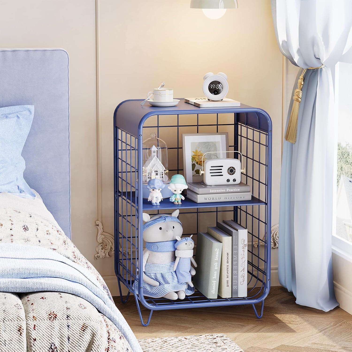 Metal Side Table,Cute Nightstand,3 Tier End Table with Storage,Vintage Bedside Table,Girls Bedroom Furniture,Accent Table,Small Coffee Table for Living Room,Bedroom,Dorm,Blue