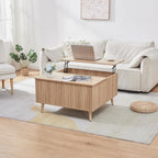 Square Coffee Table for Living Room, 35” Lift Top Coffee Table with Storage, Fluted Coffee Tables with Lifting Top, Mid Century Modern Center Tea Table for Home Office, Studio, Natural Oak