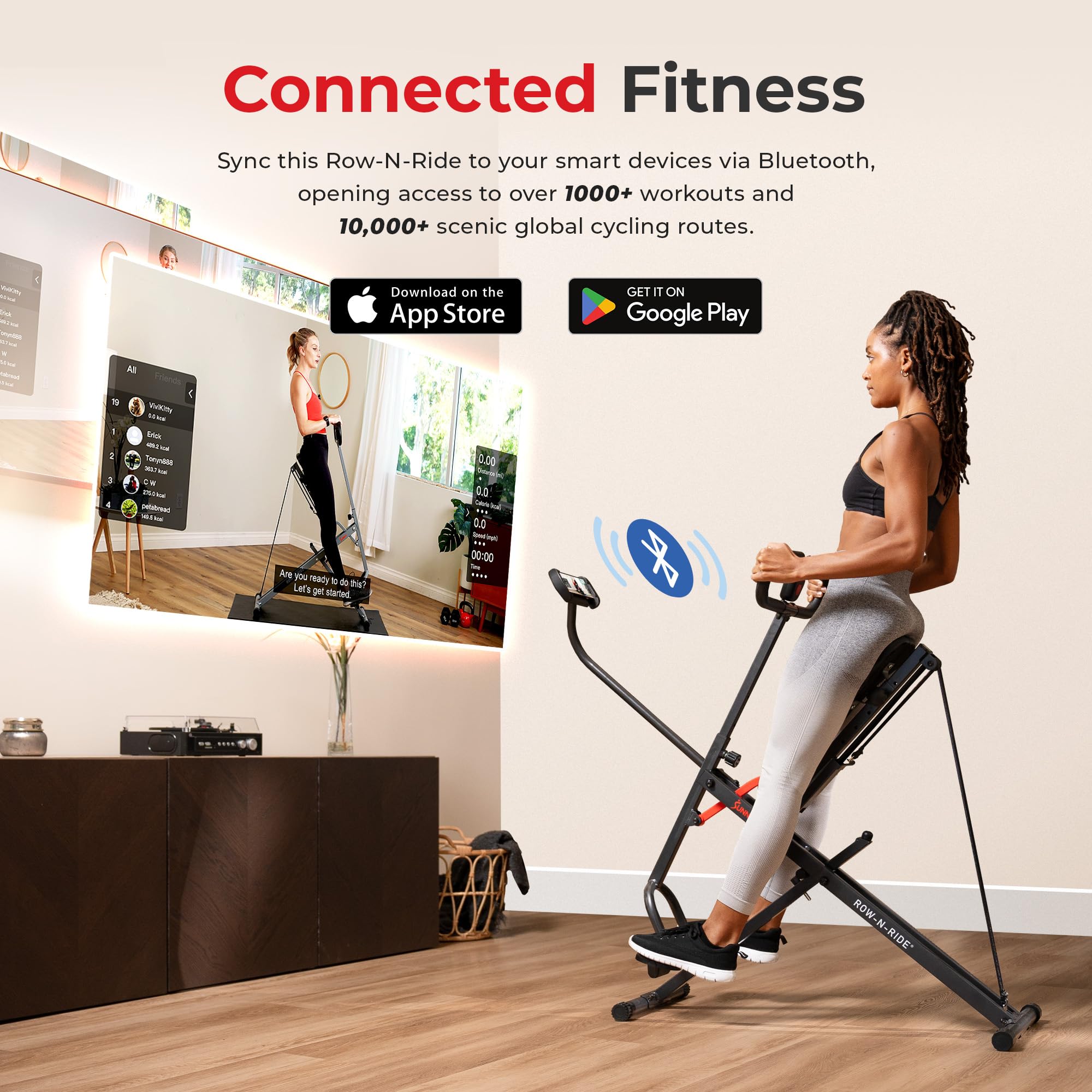 Sunny Health & Fitness Smart Upright Row-N-Ride Exerciser, Squat Assist Trainer for Glutes Workout with Adjustable Resistance, Easy Setup & Foldable, Glute & Leg Exercise Machine- NO. 077SMART