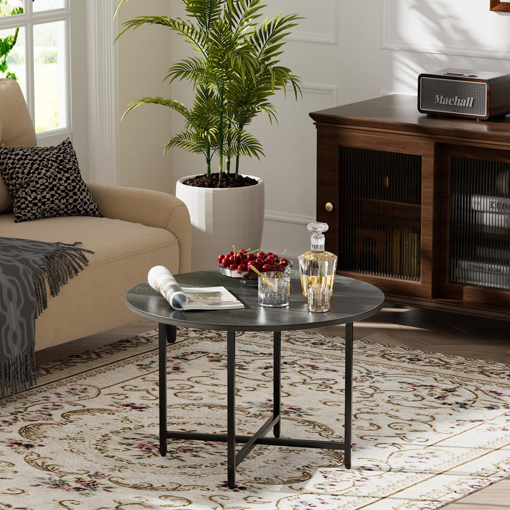 Round Coffee Table, Small Coffee Tables for Living Room, Wood Coffee Table with Metal Frame, Floor Table Desk for Sitting on The Floor, Home, Office, Farmhouse, Rustic Brown (23.6"D x 17.7"H)