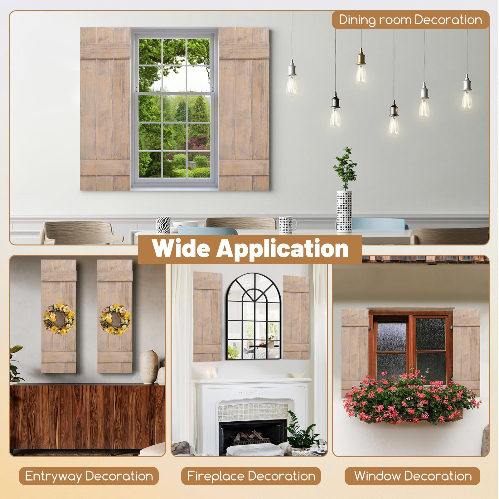GOFLAME Wood Shutters for Wall Decor, Reclaimed Wood Board and Batten, Exterior & Interior Rustic Farmhouse Window Shutters for Living Room, Dining Room, Porch, Light Brown