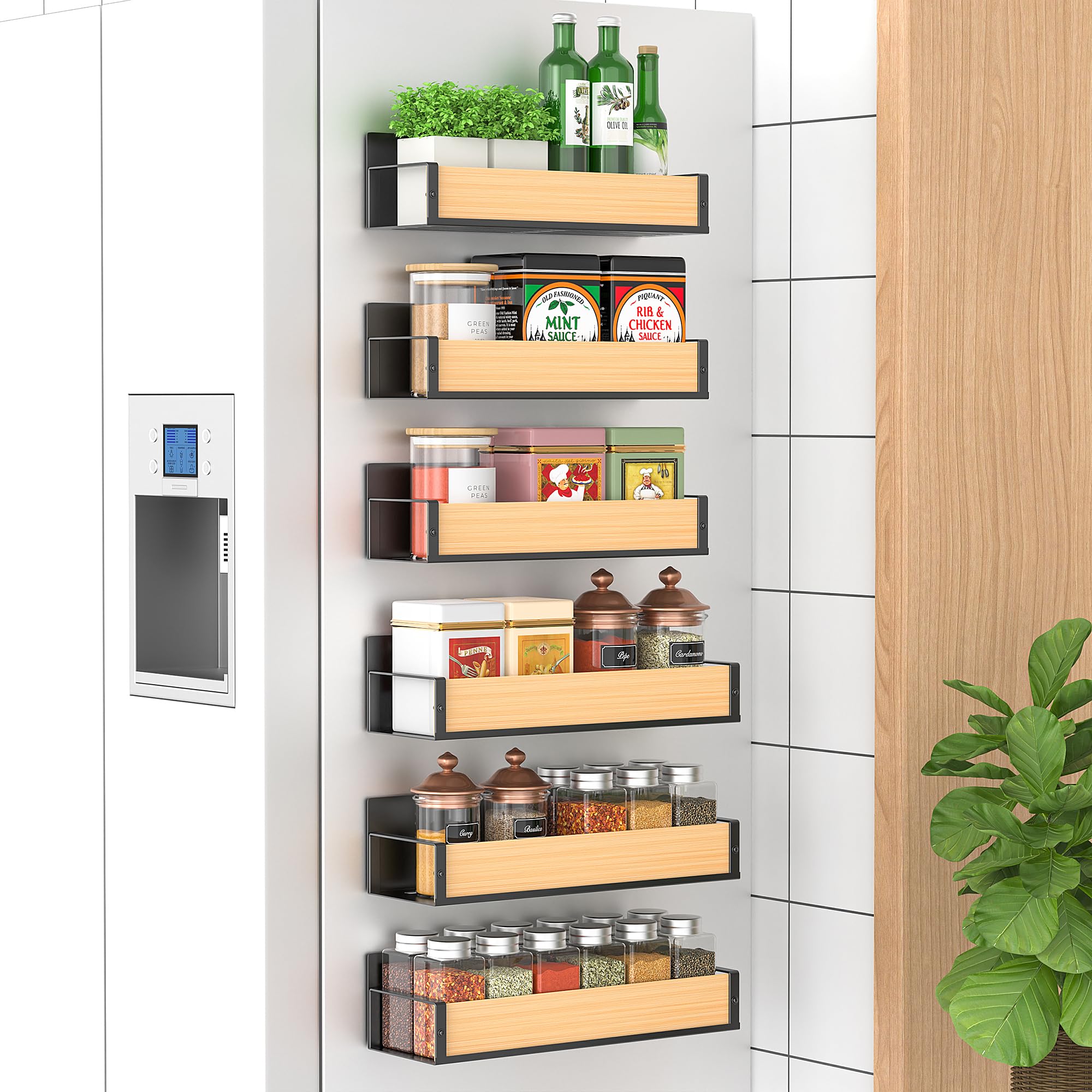 6 Pack Magnetic Spice Storage Rack Organizer for Refrigerator and Oven, Black Fridge Organizers and Storage