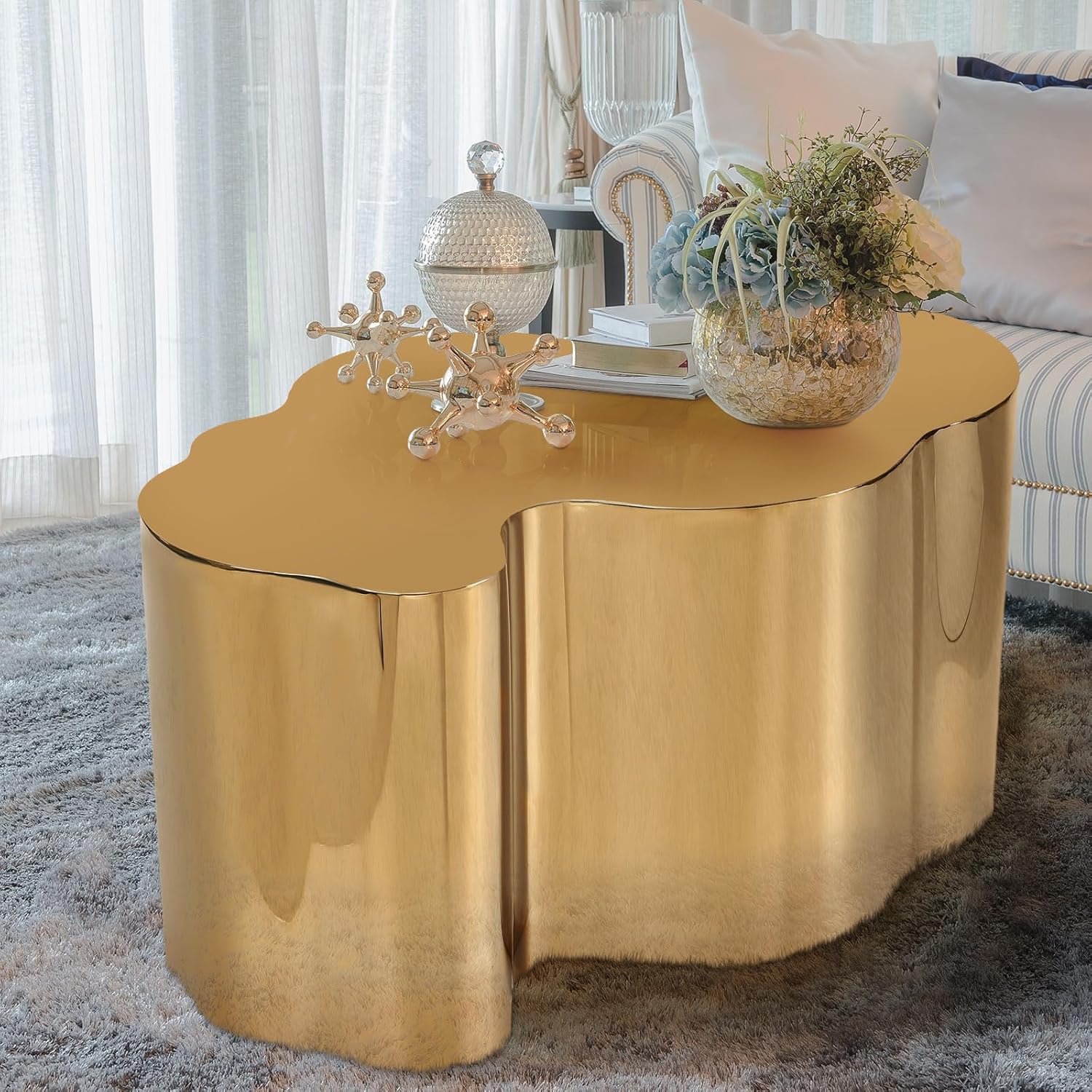 Menkxi Stainless Steel Cloud Coffee Table Modern for Living Room Irregular Metal Accent Coffee End Table for Living Room Bedroom, 31.5 x 19.7 x 15.75(Gold)