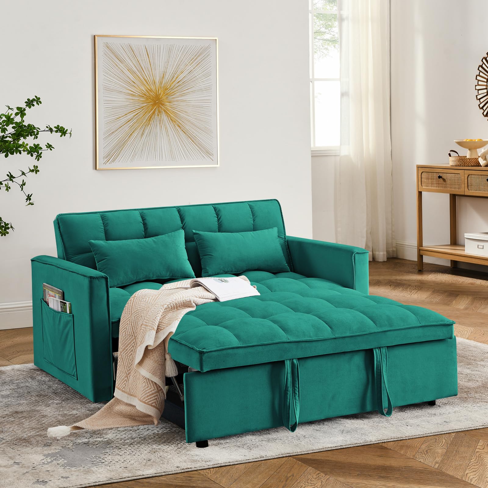 3 in 1 Sleeper Sofa Bed,Velvet Convertible Sofa Bed Pull-Out Bed Couch With Side Pockets,55'' Loveseat Sleeper Sofa with Adjustable Backrest for Living Room,Bedroom,Apartment and Small Space,Black