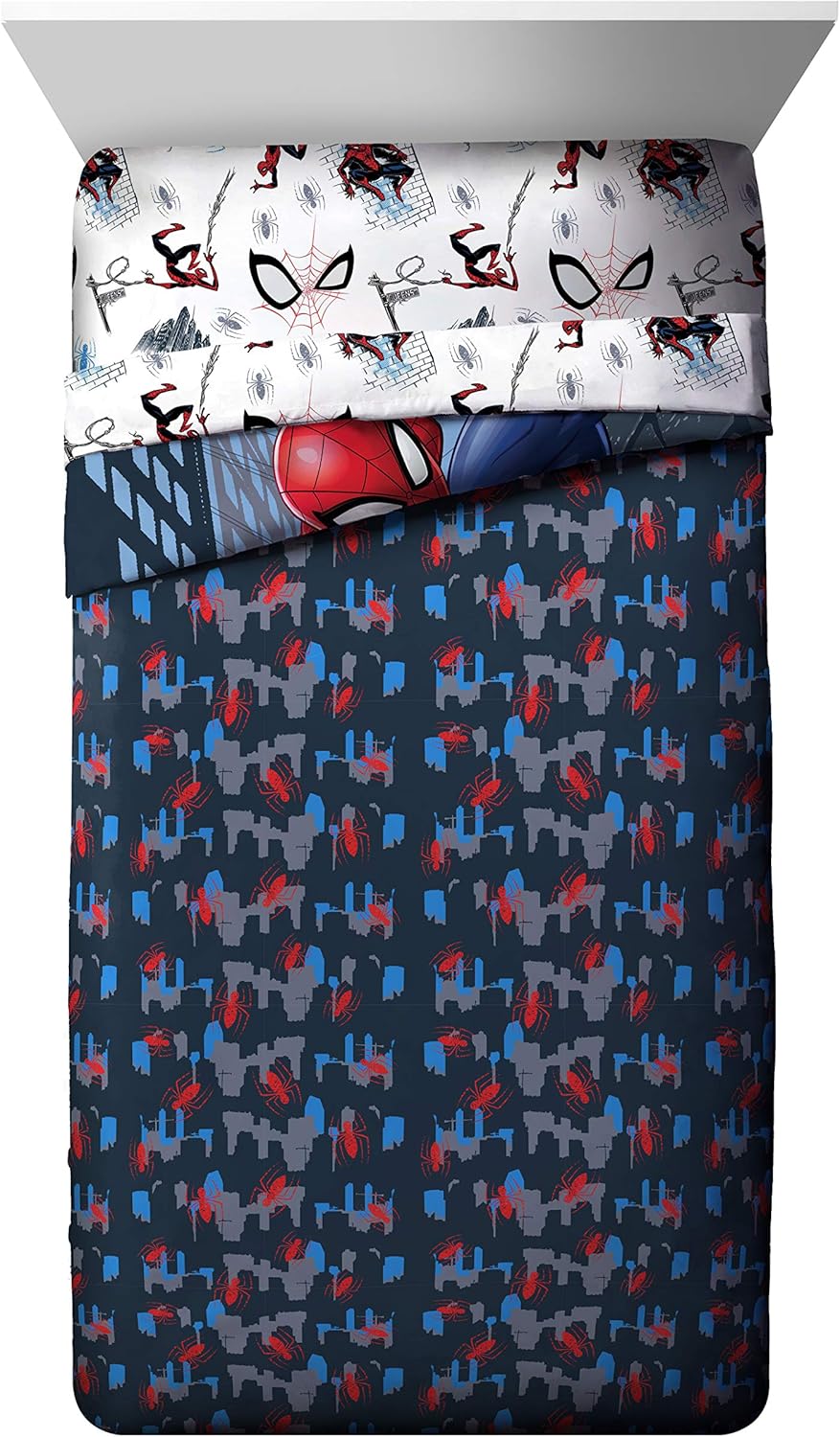 Jay Franco Marvel Spiderman Crawl 4 Piece Twin Bed Set - Includes Reversible Comforter & Sheet Set Bedding - Fade Resistant Microfiber - (Official Marvel Product), Multi - Spiderman