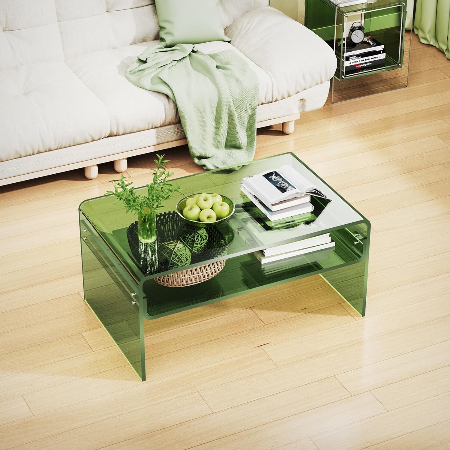 Acrylic Coffee Table for Living Room Clear Rectangle Lucite Table with Open Storage Shelf (1, Green, Large)