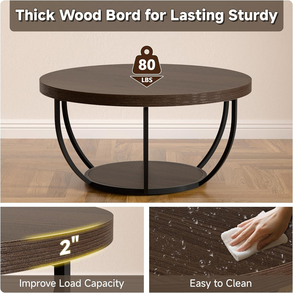 Round Coffee Table, 31" Coffee Table for Living Room Decor, 2-Tier Storage with Steel Frame, Space-Saving Wood Center Table, Modern Style Easy Assembly (Dark Coffee)