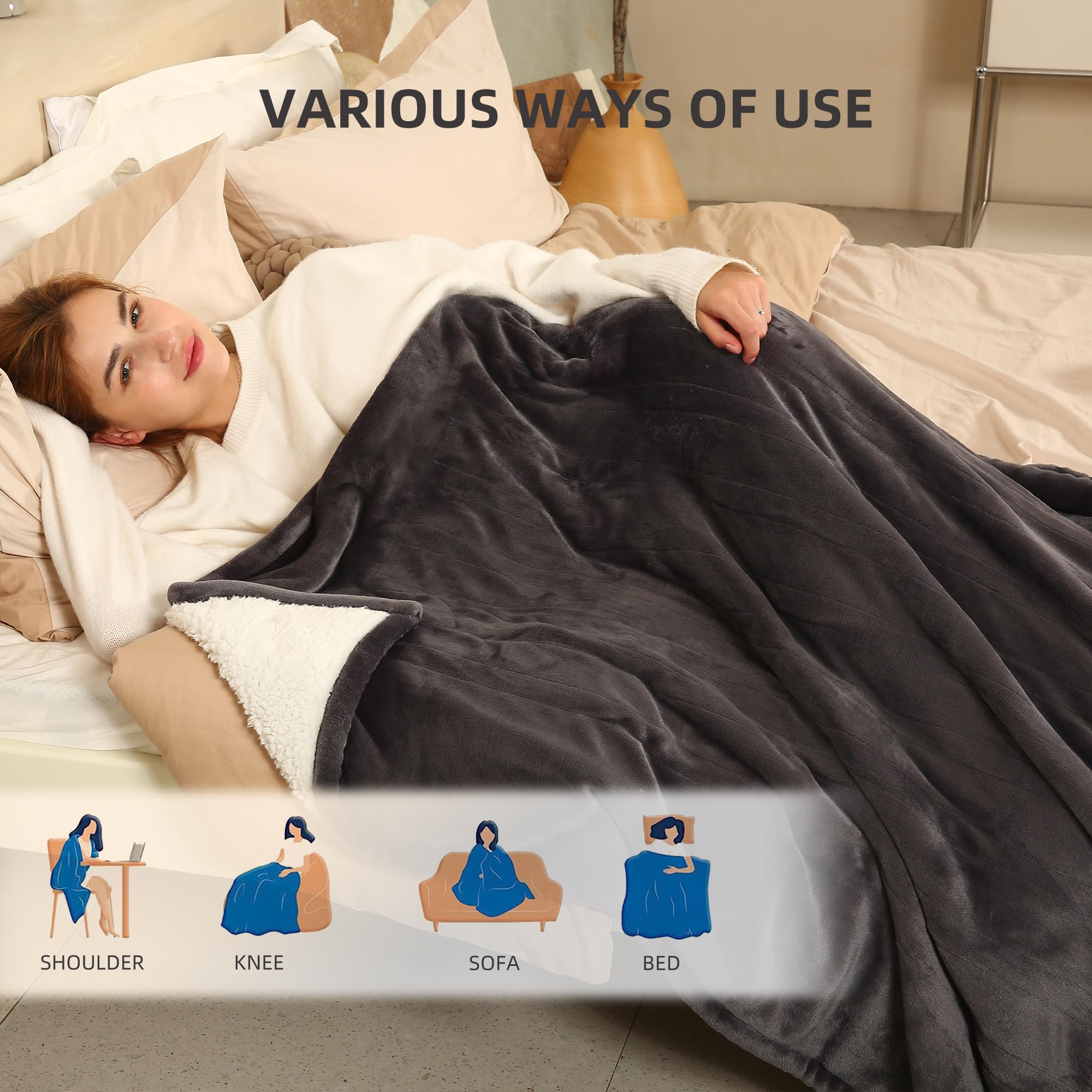 Coperta Elettrica Riscaldata Plaid con 5 Livelli di Riscaldamento e Spegnimento Automatico dopo 4 Ore, Plaid Riscaldato 50"x60" con Certificazione ETL e FCC per Casa e Ufficio, Lavabile in Lavatrice, Grigio Scuro