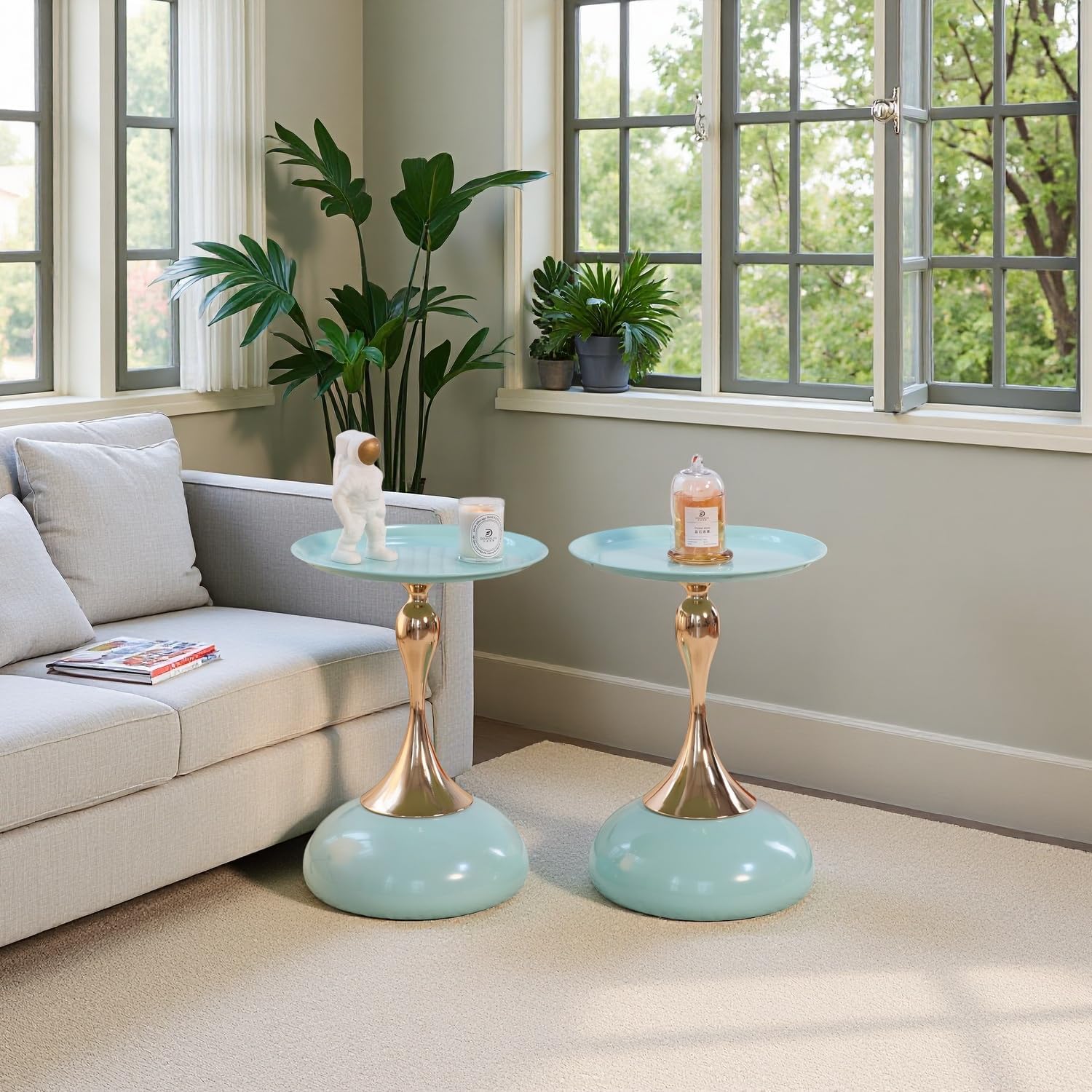 Stylish Hourglass Side Table - Contemporary Design for Living Rooms, Cafes, Dining Areas, Bedrooms, and Outdoor Spaces - Perfect Accent Piece for Any Decor (2, Light Green)