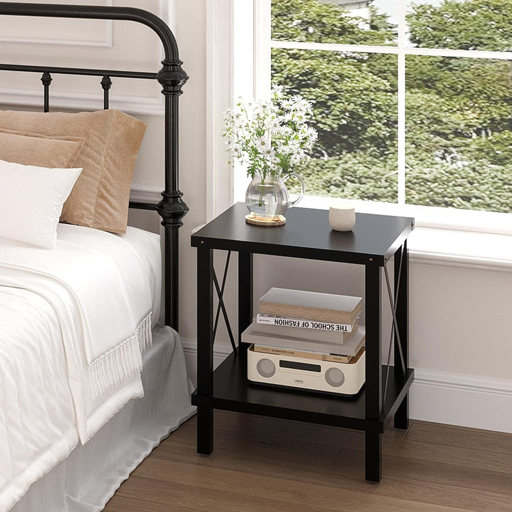 Large End Table Farmhouse Side Table Industrial Style Sofa Table Coffee Table Metal X Accent Wood End Table NightStand with Storage Shelf for Living Room Bedroom Black MLBZ16B