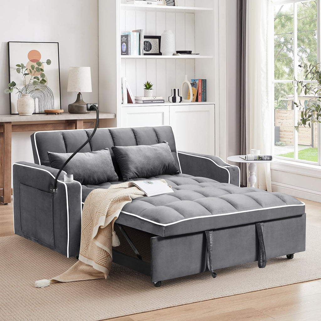 3 in 1 Sleeper Sofa Bed,Velvet Convertible Sofa Bed Pull-Out Bed Couch With Side Pockets,55'' Loveseat Sleeper Sofa with Adjustable Backrest for Living Room,Bedroom,Apartment and Small Space,Black