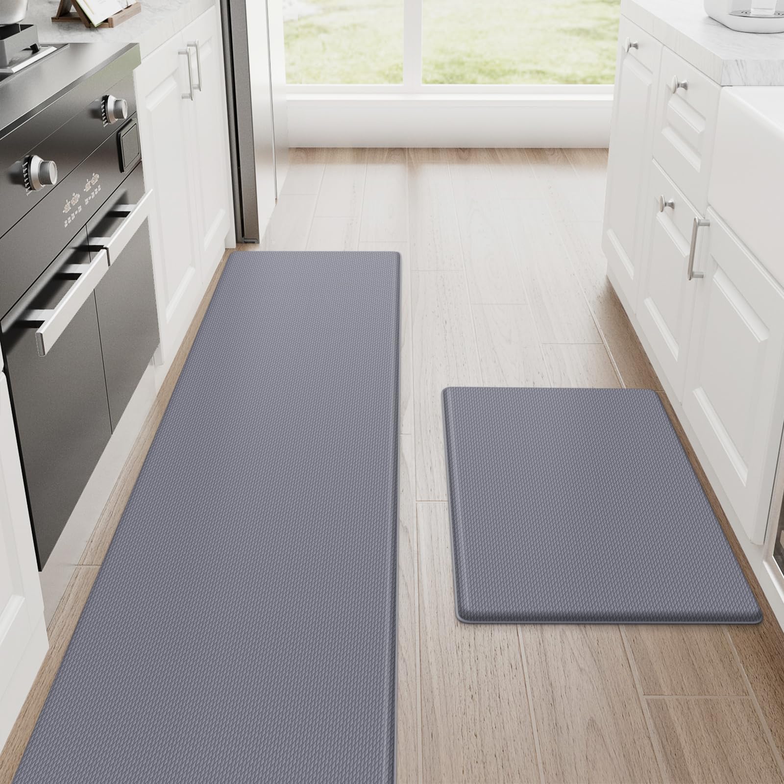 StepRite Kitchen Mats, 2PCS Kitchen Rugs, Cushioned Anti Fatigue Kitchen Mats for Floor, Non-Slip Standing Desk Mat, Waterproof Kitchen Rug Set for Kitchen, Floor, Office, 17.3"x30"+17.3"x47", Black